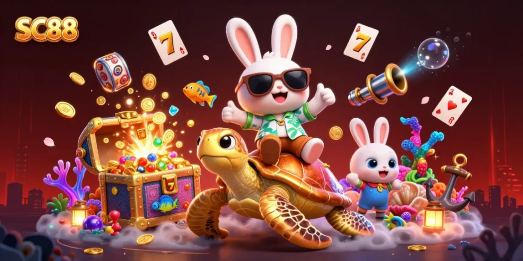 Engage with exciting SC88 slot games featuring the lucky rabbit and golden turtle in a vibrant casino scene.