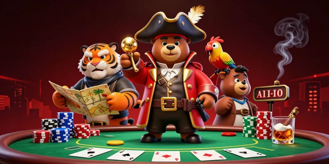 Engage with the thrilling atmosphere of ONE88's poker scene featuring vibrant characters and game elements.
