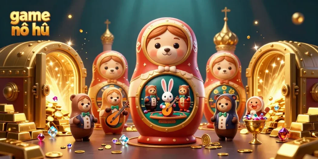 Engage in thrilling game nổ hũ as golden treasures and cheerful characters fill the vibrant casino scene.