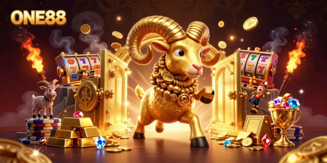 Experience excitement with ONE88's vibrant casino scene featuring a golden ram charging through a treasure vault.