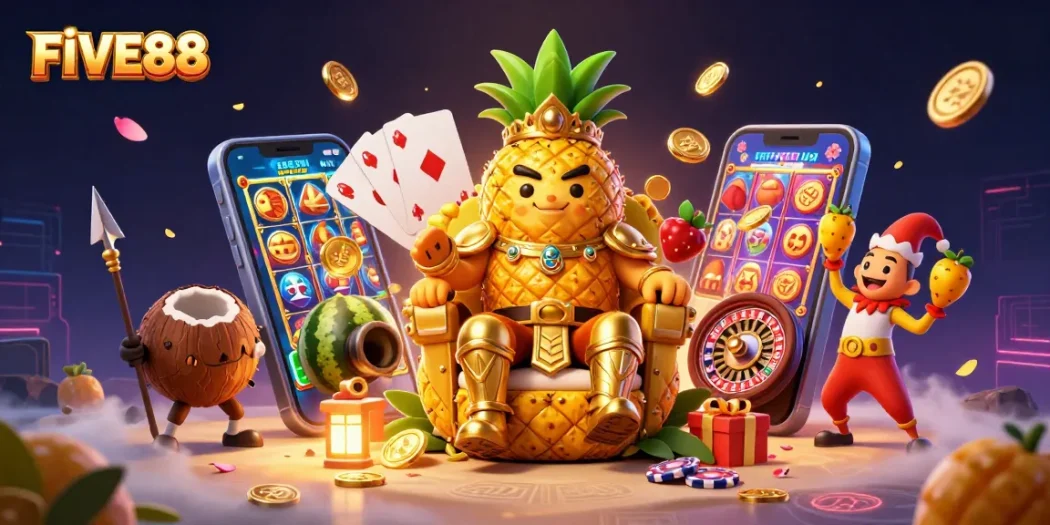 Experience exciting gambling at FIVE88 with a carnival of gaming characters in a vibrant casino scene.