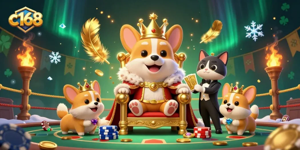 Engage with thrilling games at c168, featuring a royal corgi and golden card deck in a vibrant casino scene.